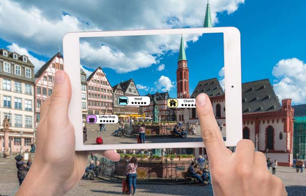 Hand holding smart phone use AR application to check relevant in