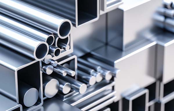 nahaufnahme von sortiment verschiender metall Profile aus aluminium und stahl als baustoff oder werkstoff in lager von großhandel oder baumarkt zur auswahl als 3d rendering
