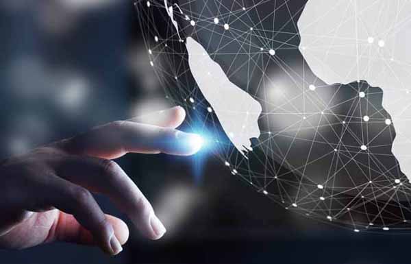 Businessman using digital tactile world interface with his finger